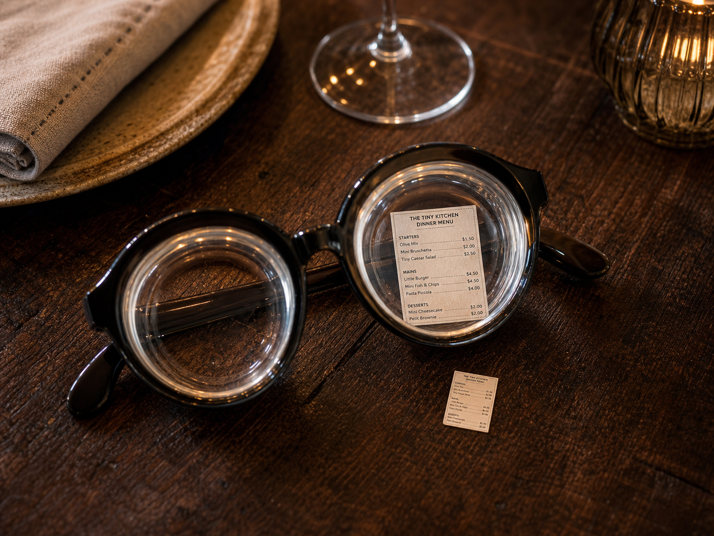 Reading glasses on a restaurant table magnifying a tiny printed menu